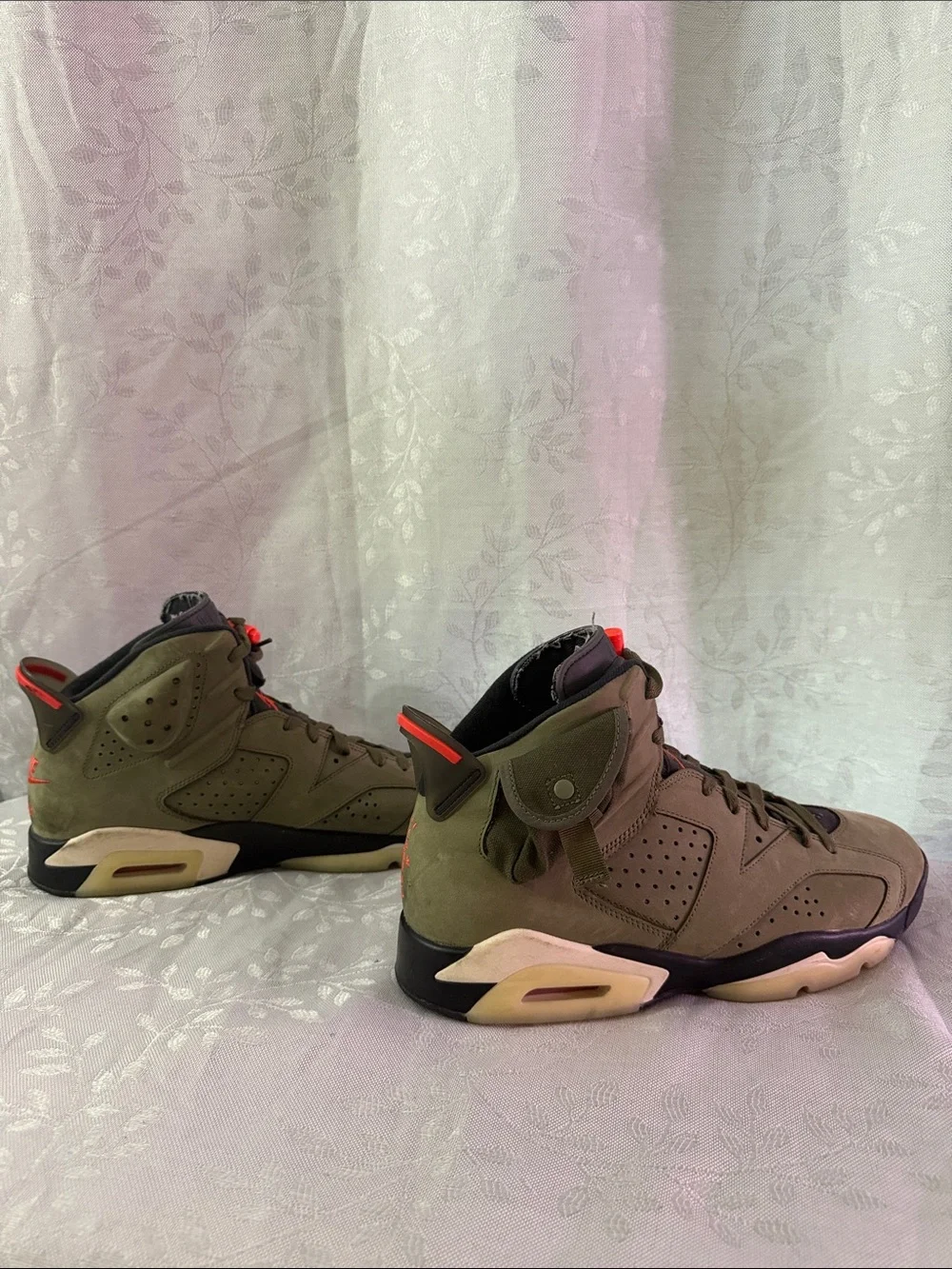 Travis Scott Jordan Men’s Olive Green Sneakers with Red Jumpman Accents